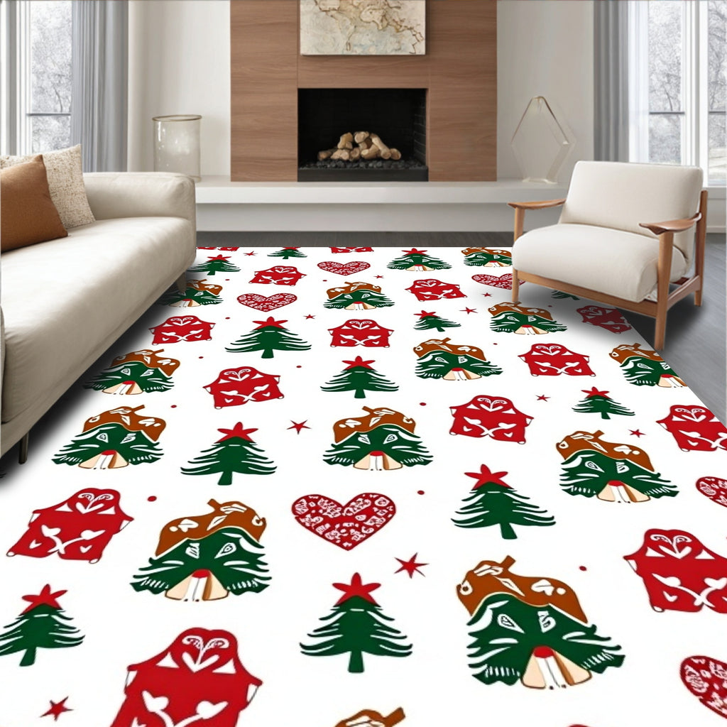 Festive Red Green Whimsical Holiday Trees Rug