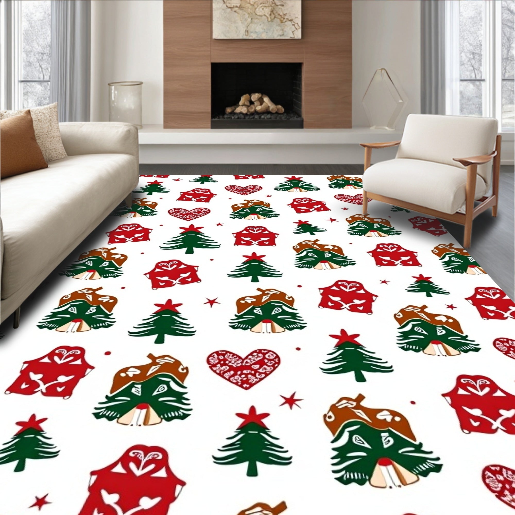 Festive Red Green Whimsical Holiday Trees Rug
