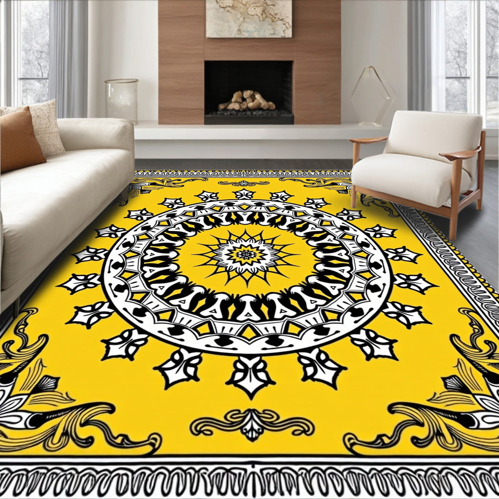 Yellow Black White Medallion Border Rug