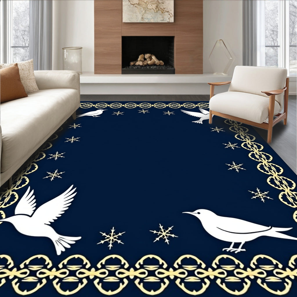 Midnight Blue White Dove Snowflake Border Rug