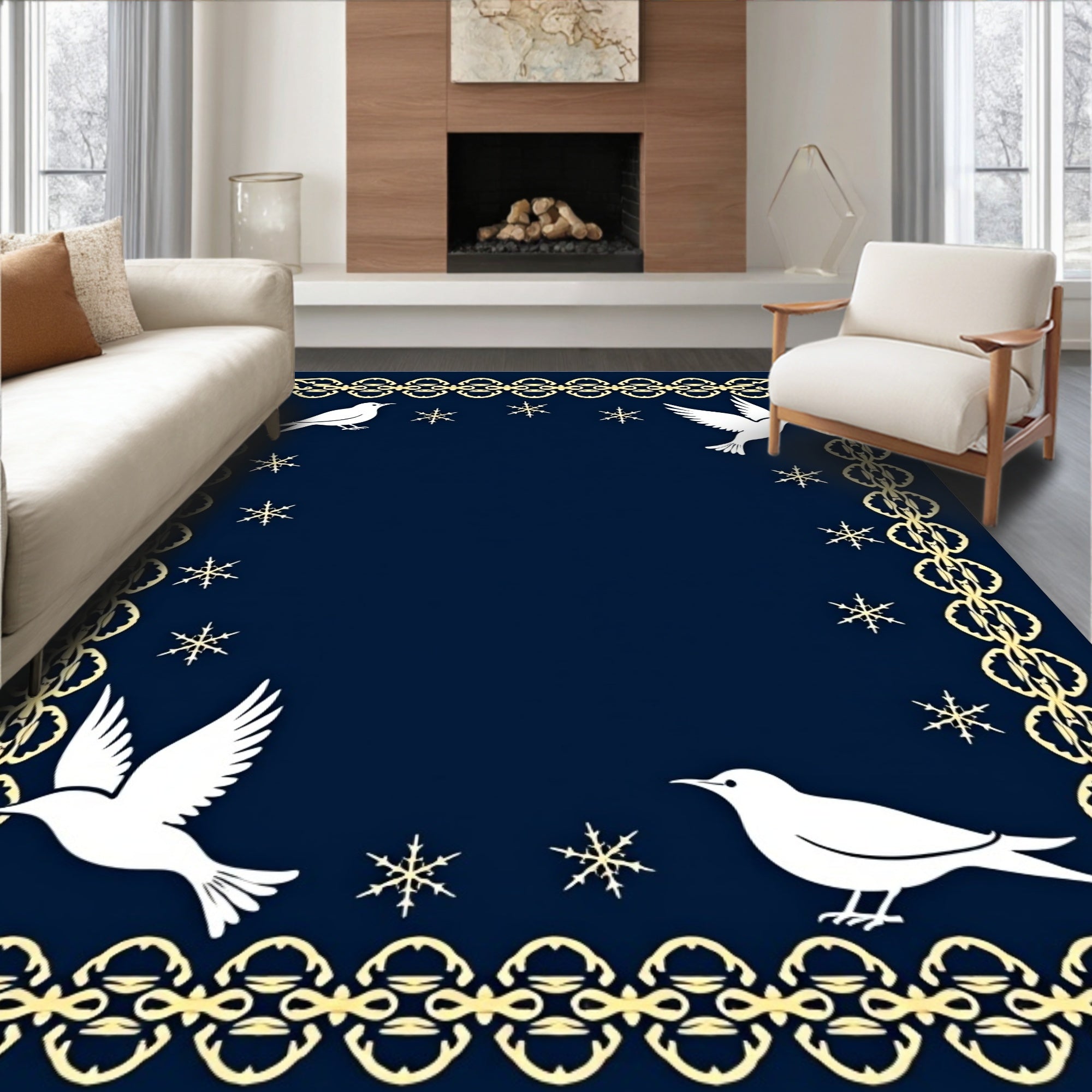 Midnight Blue White Dove Snowflake Border Rug