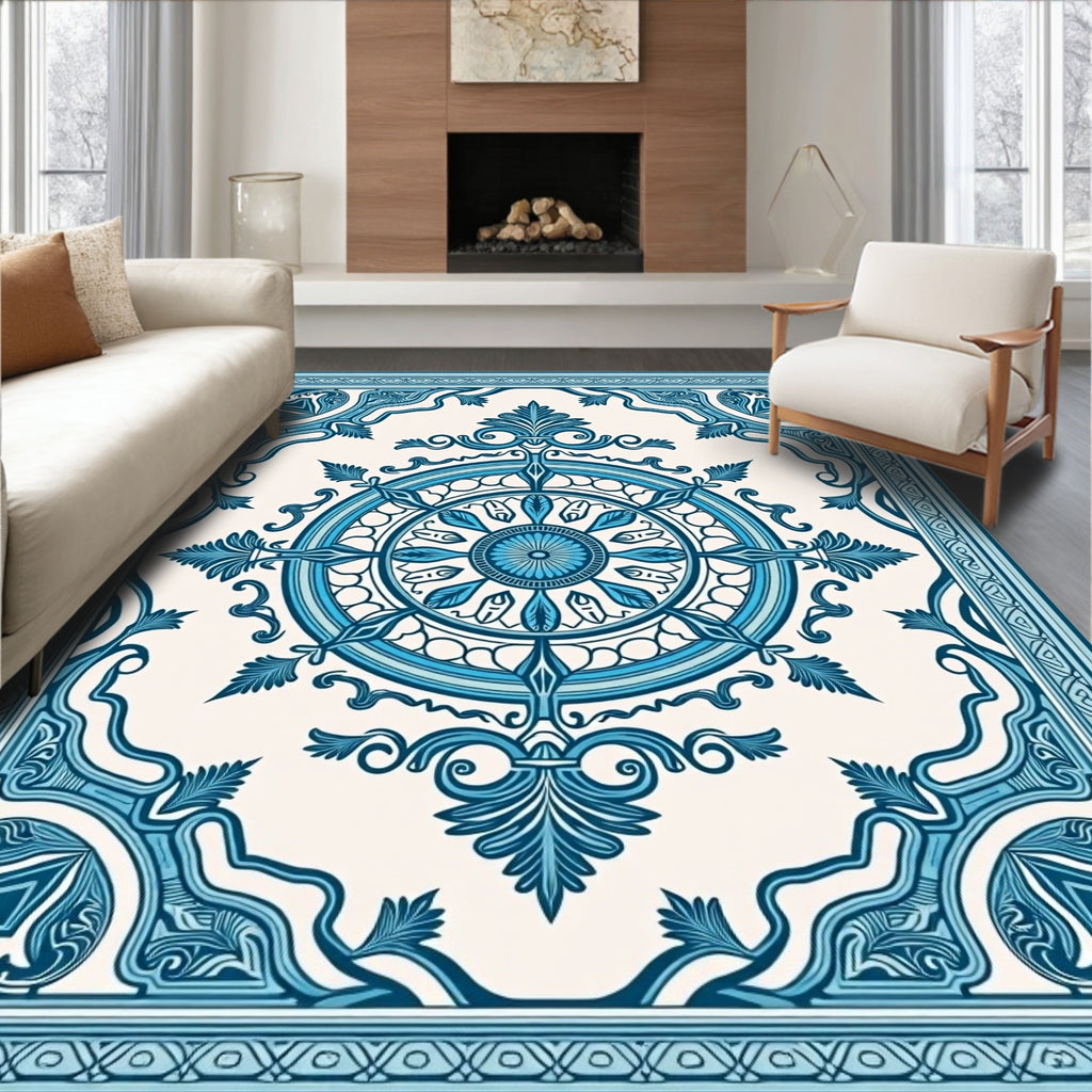 Azure Medallion Floral Frame Rug