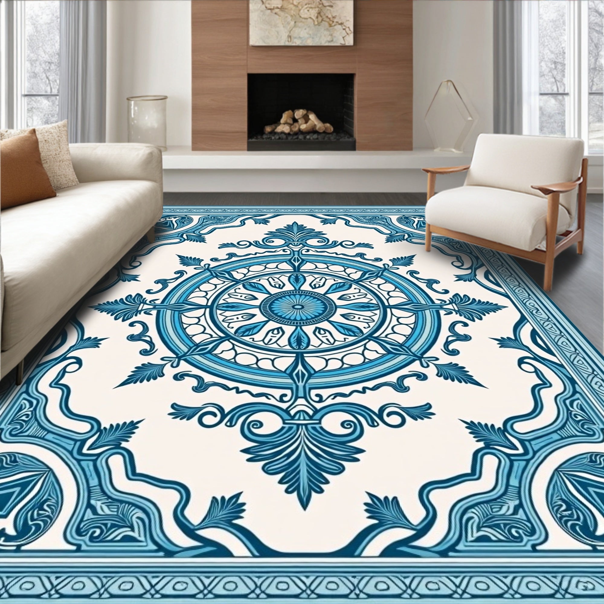 Azure Medallion Floral Frame Rug