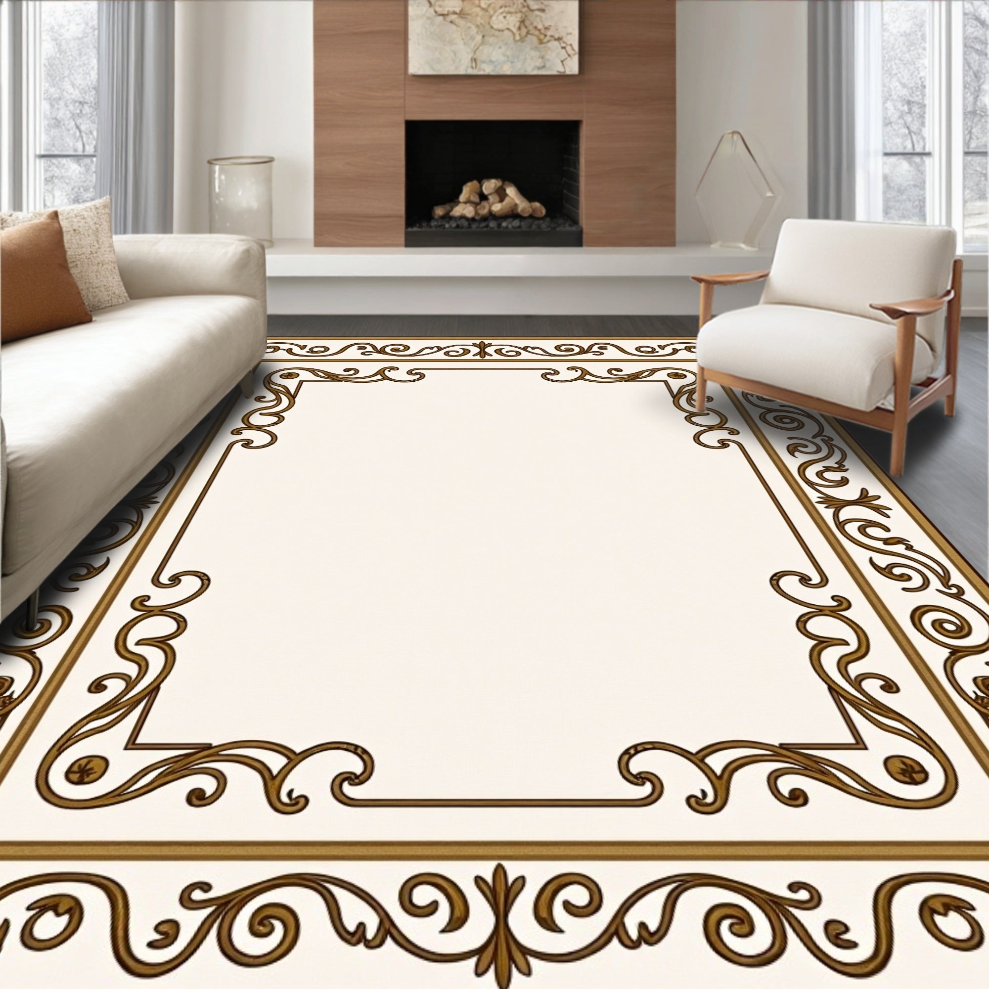 Ornate Brown Scrollwork Classic Border Rug