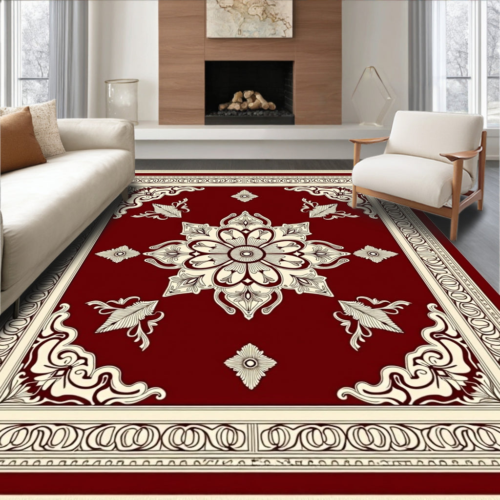 Deep Crimson Floral Medallion Border Rug