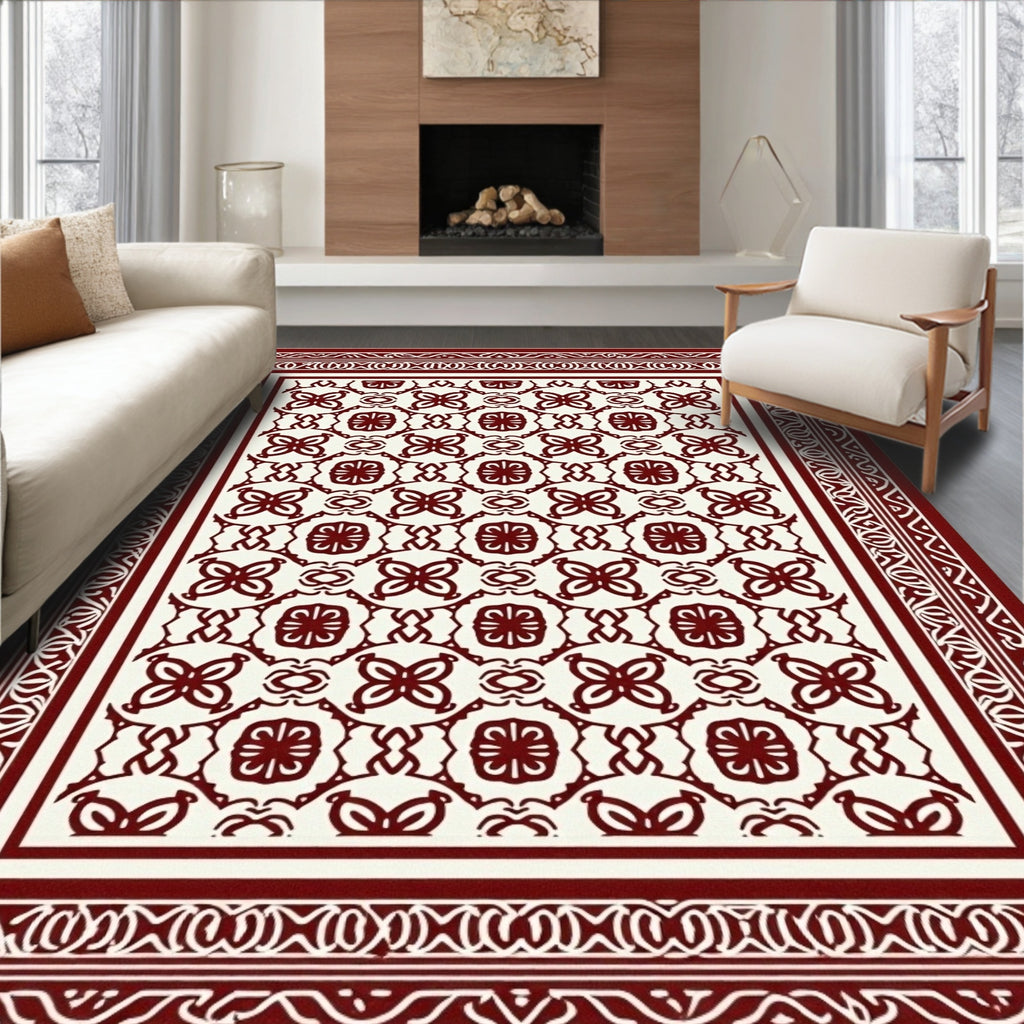 Crimson Cream Intricate Floral Border Rug