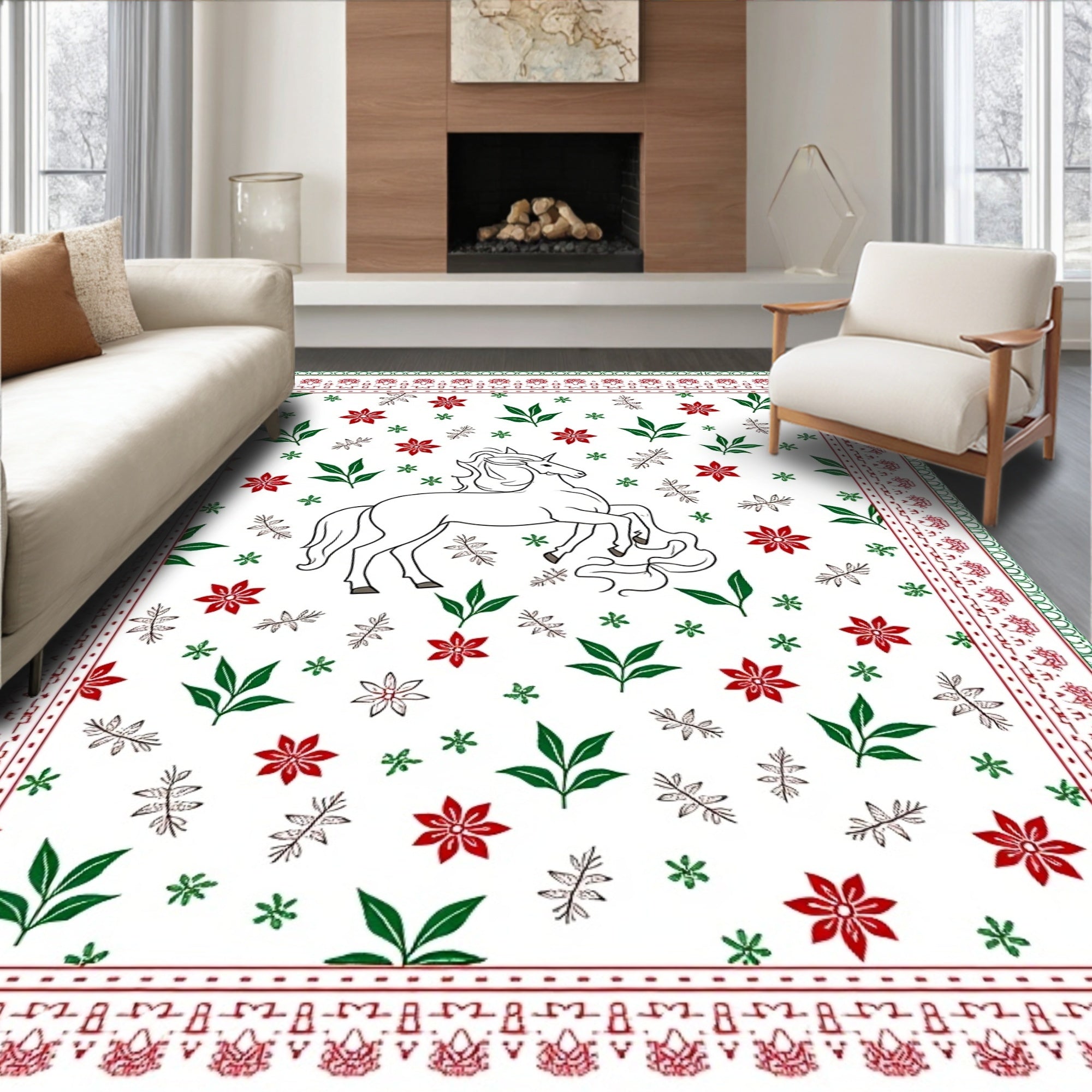 Enchanting White Unicorn Floral Garden Rug