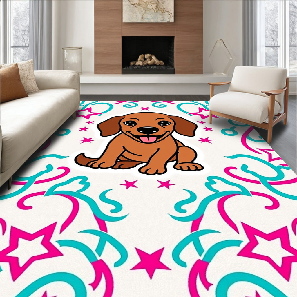 Playful Brown Puppy Stars Swirls Rug