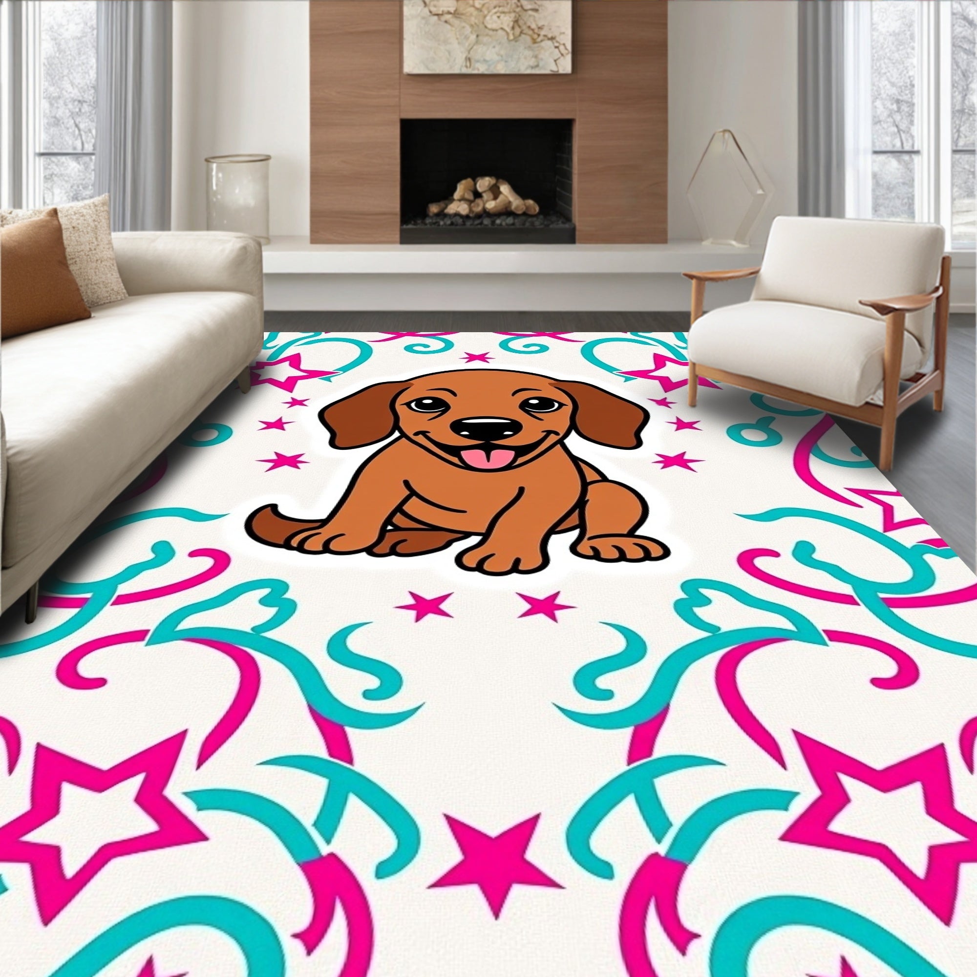Playful Brown Puppy Stars Swirls Rug