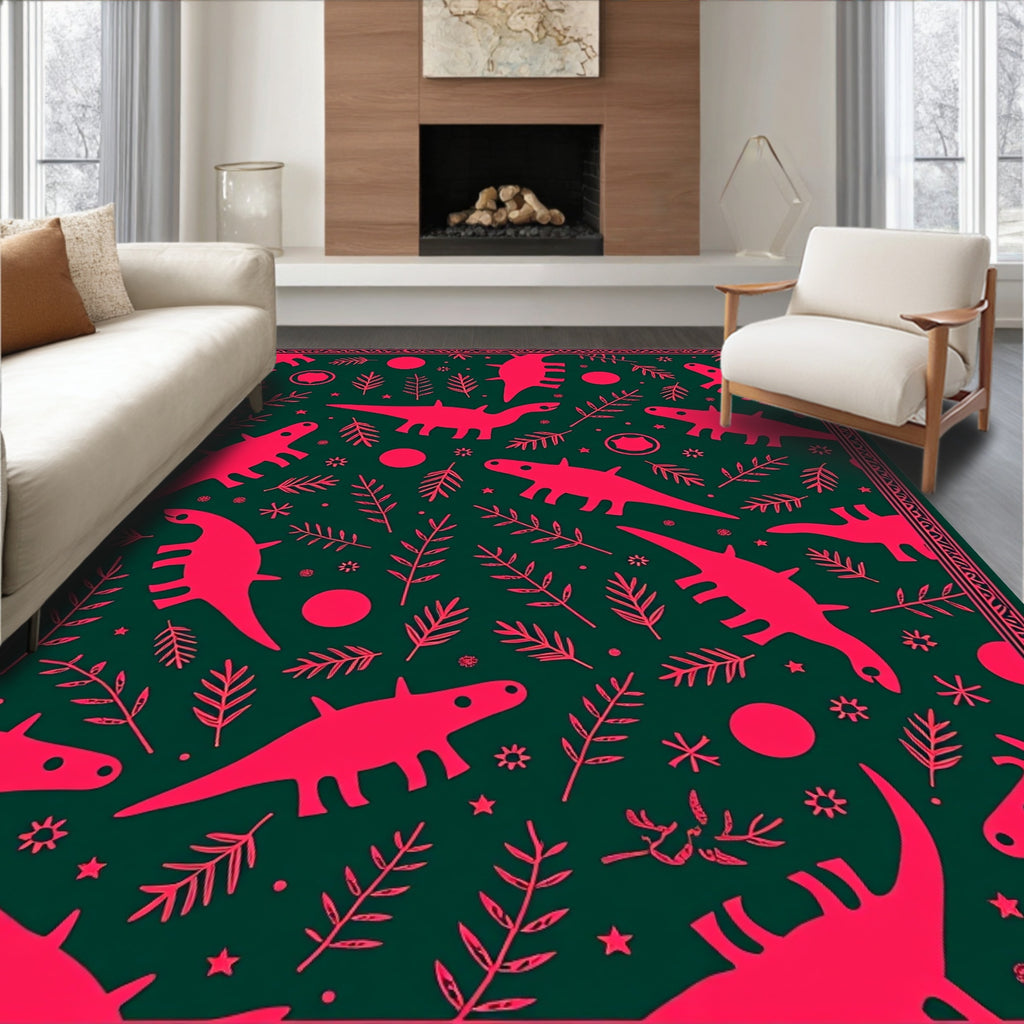 Pink Dinosaurs and Ferns on Dark Green Rug