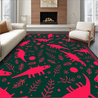 Pink Dinosaurs and Ferns on Dark Green Rug