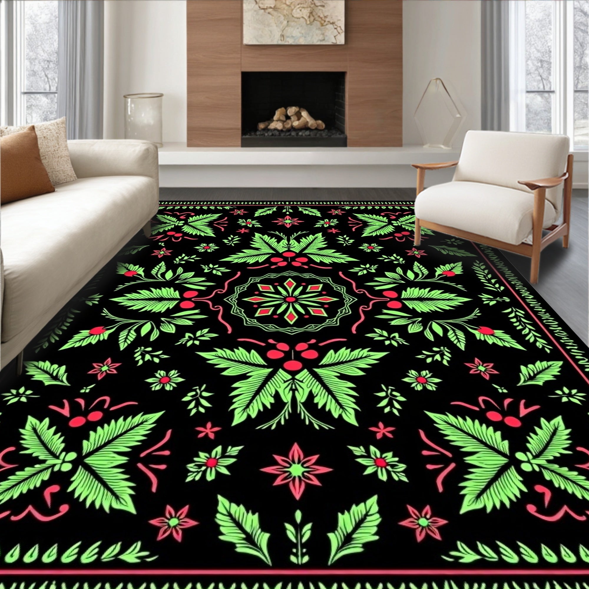 Vibrant Lime Green Cherry Blossom Medallion Rug