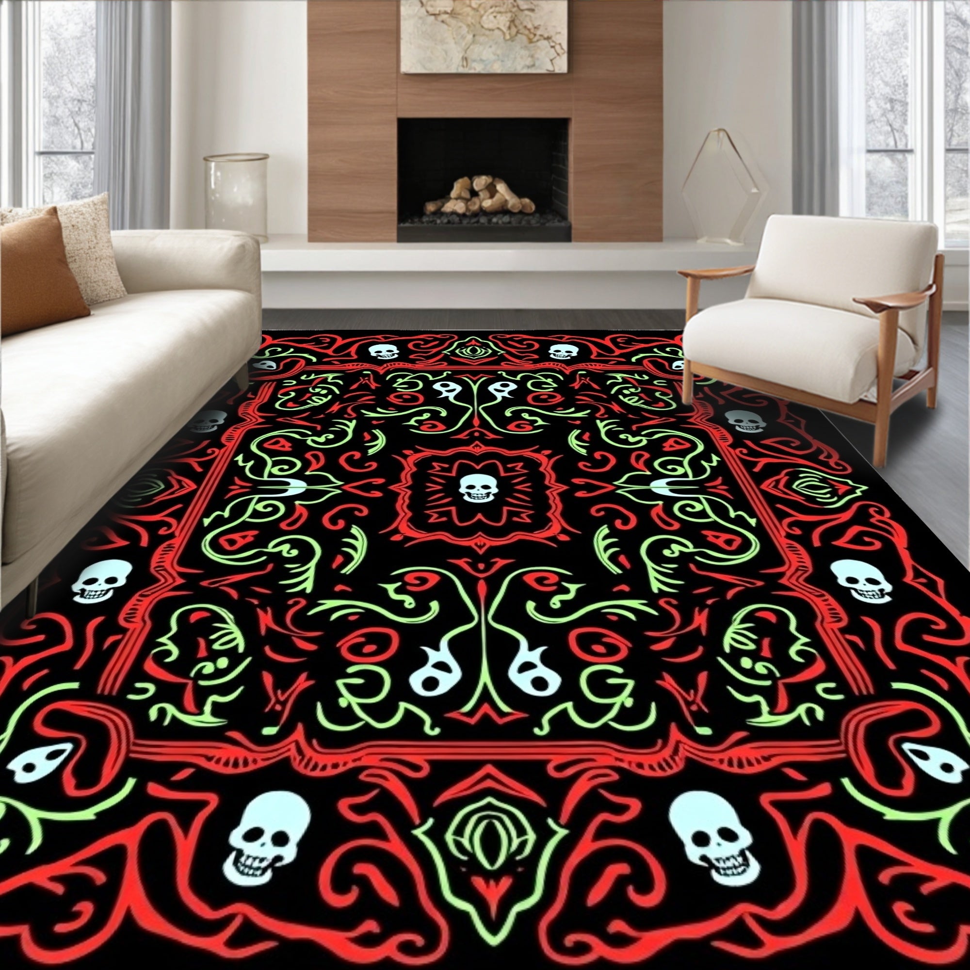 Gothic Red Skull Swirls Medallion Rug