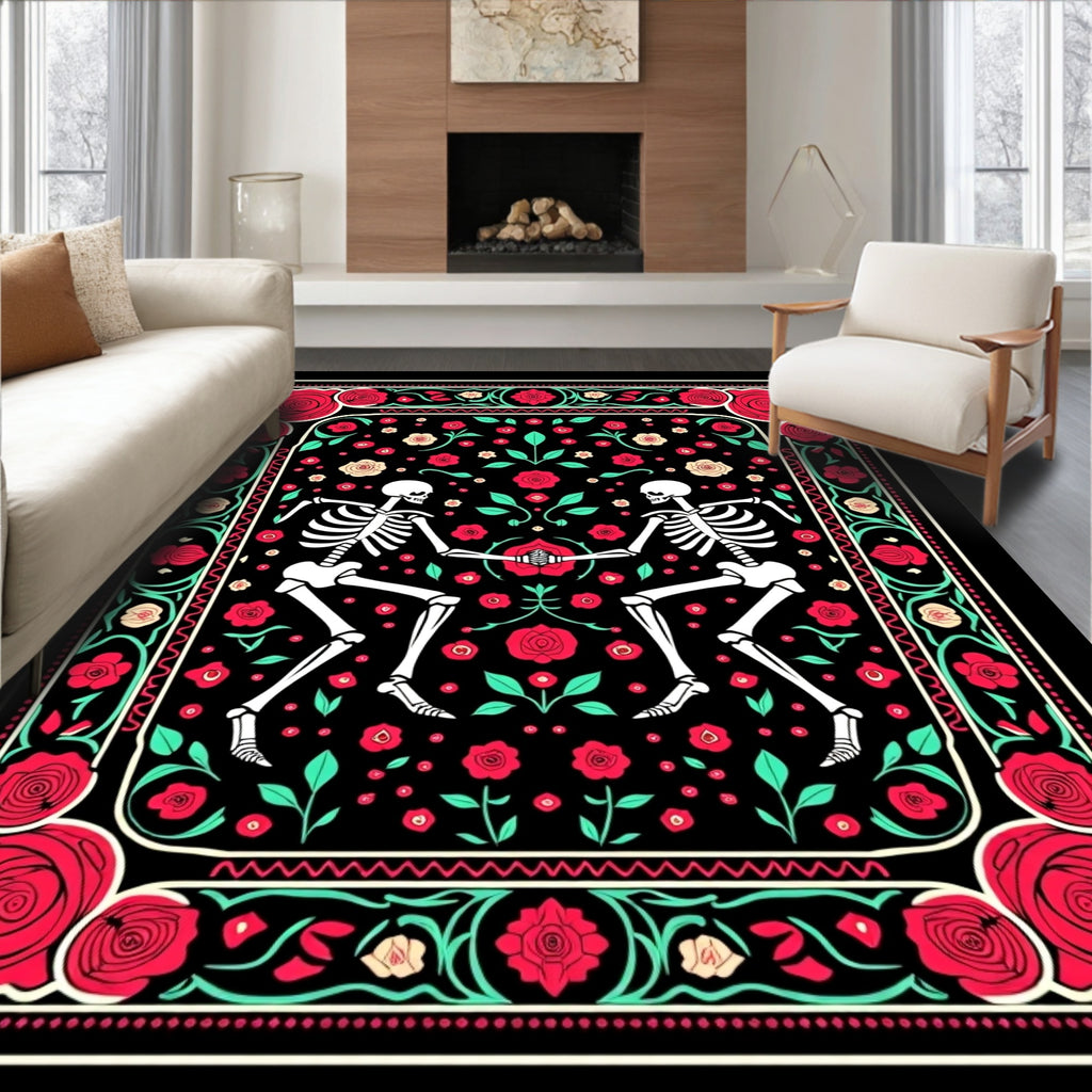 Dancing Skeletons Red Rose Garland Rug