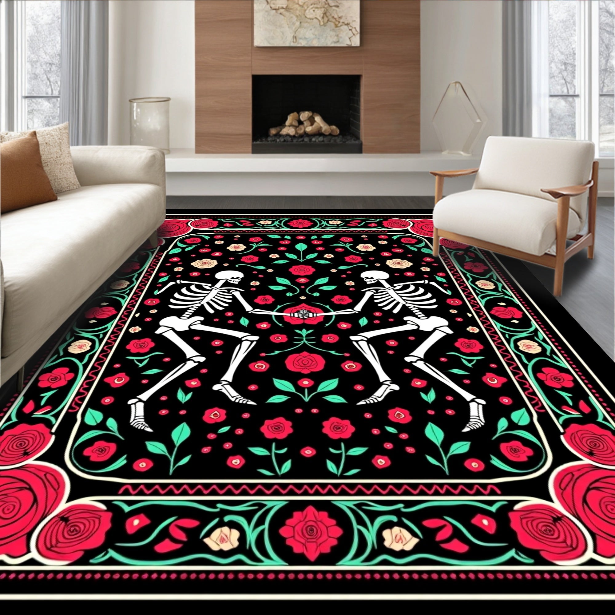 Dancing Skeletons Red Rose Garland Rug