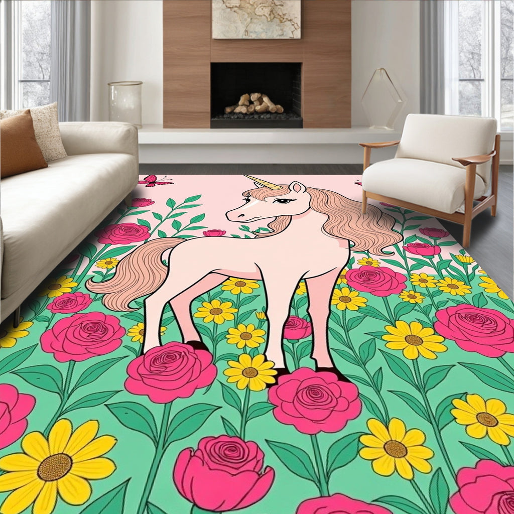 Pink Unicorn Butterflies Roses Garden Rug