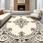 Ornate Black Scroll Medallion Frame Rug