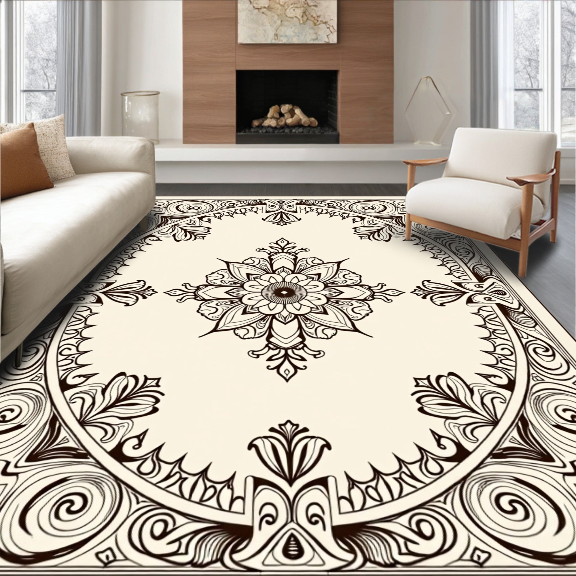 Ornate Black Scroll Medallion Frame Rug