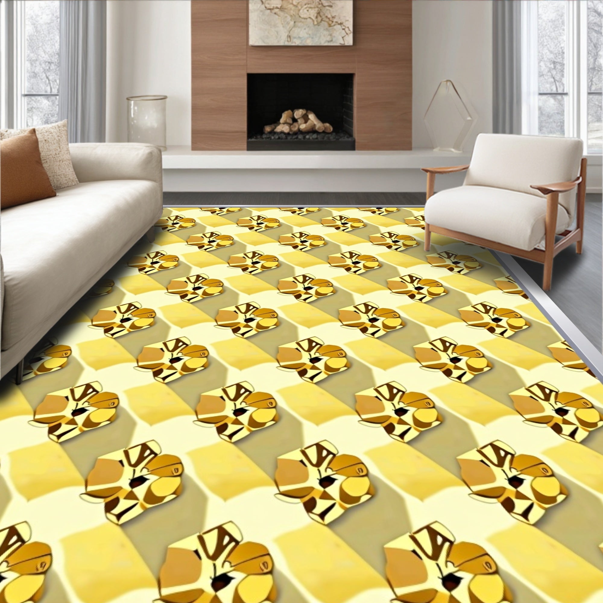 Golden Reflective Abstract Cubes Rug