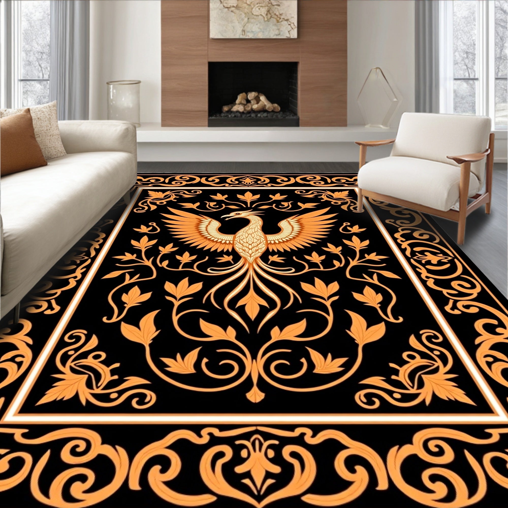 Golden Phoenix Black Floral Border Rug