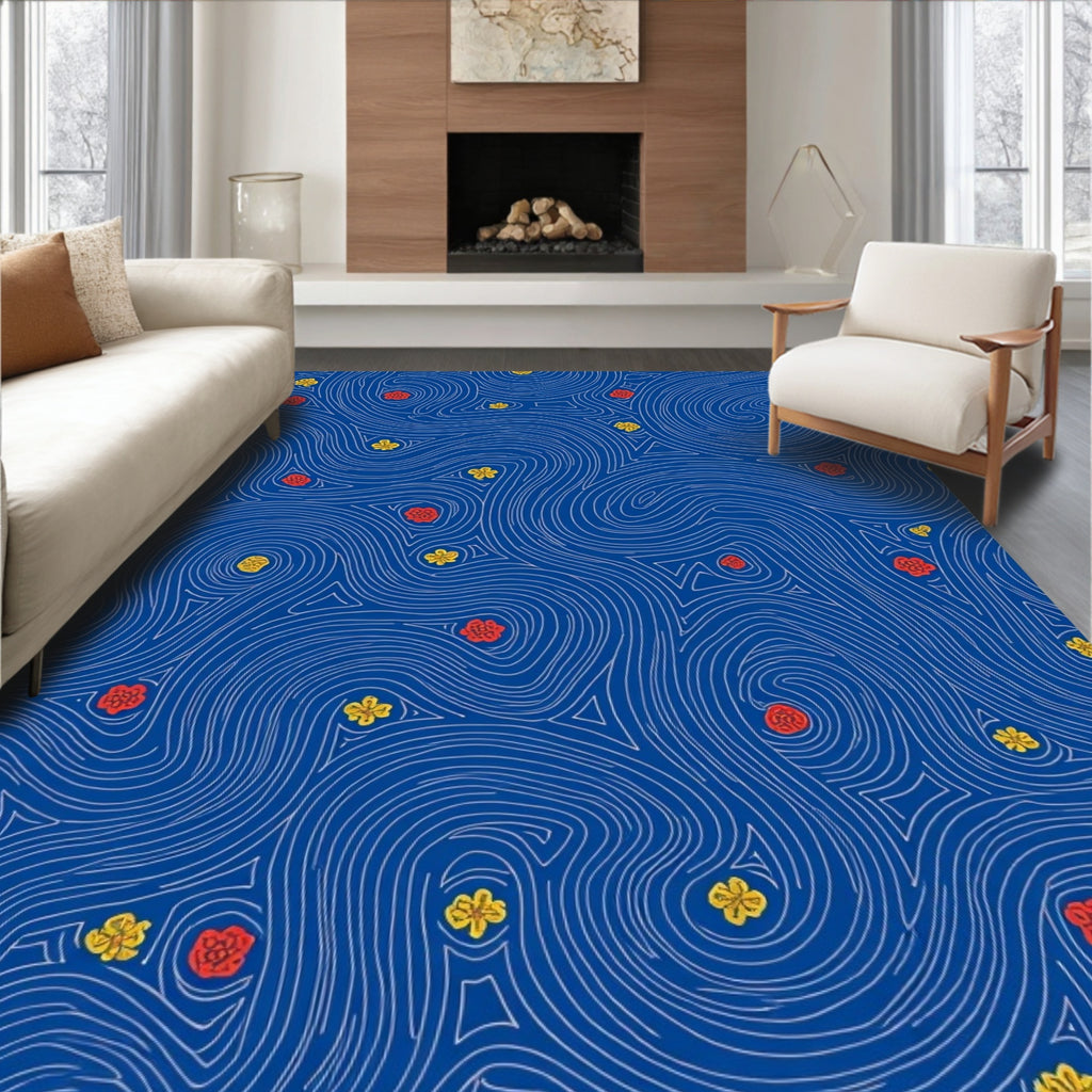 Deep Blue Floral Swirl Rug