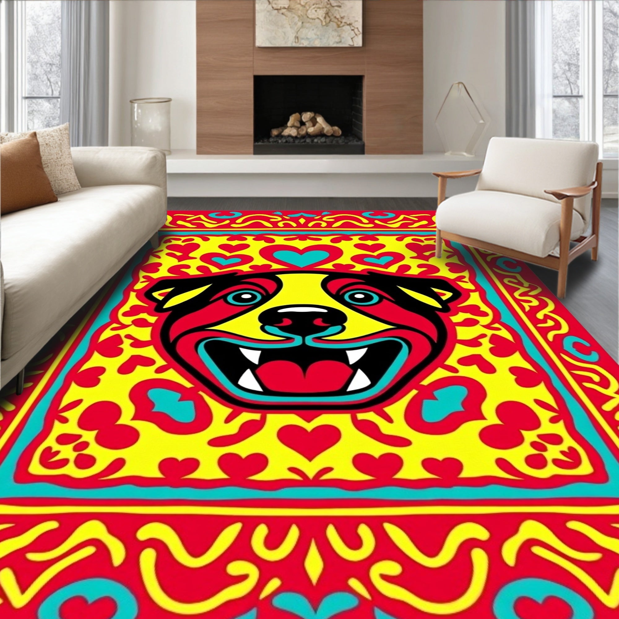 Vibrant Red Yellow Dog Face Hearts Rug