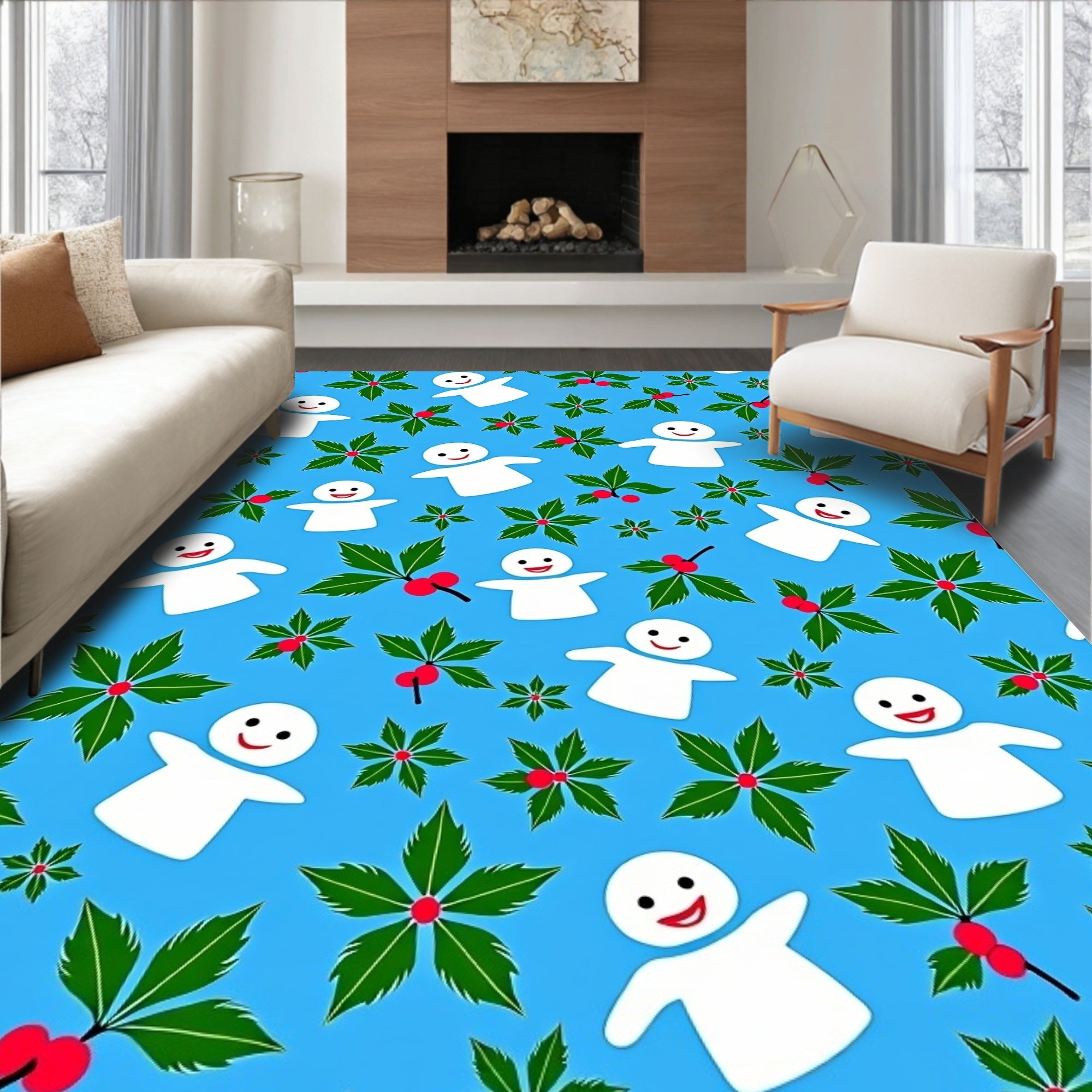 Joyful Snowmen And Holly Sprigs Rug