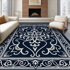 Elegant White Scrollwork Navy Medallion Rug
