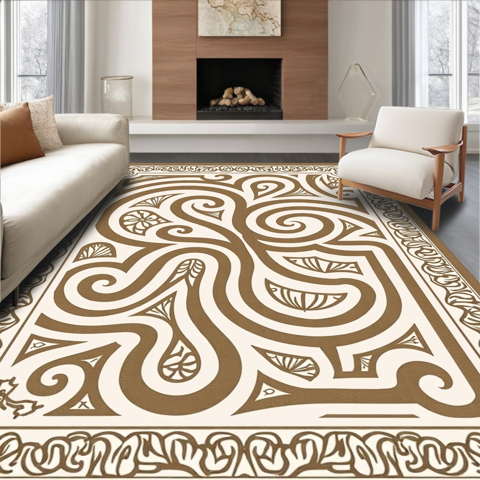 Cream Brown Swirling Filigree Scroll Rug