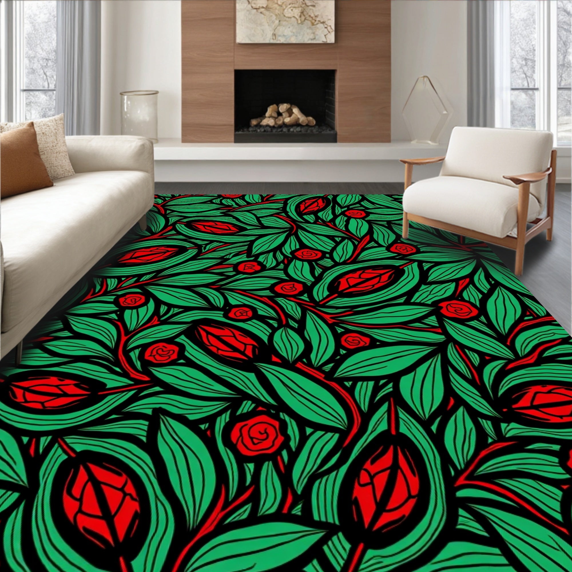 Verdant Scarlet Botanical Bloom Rug