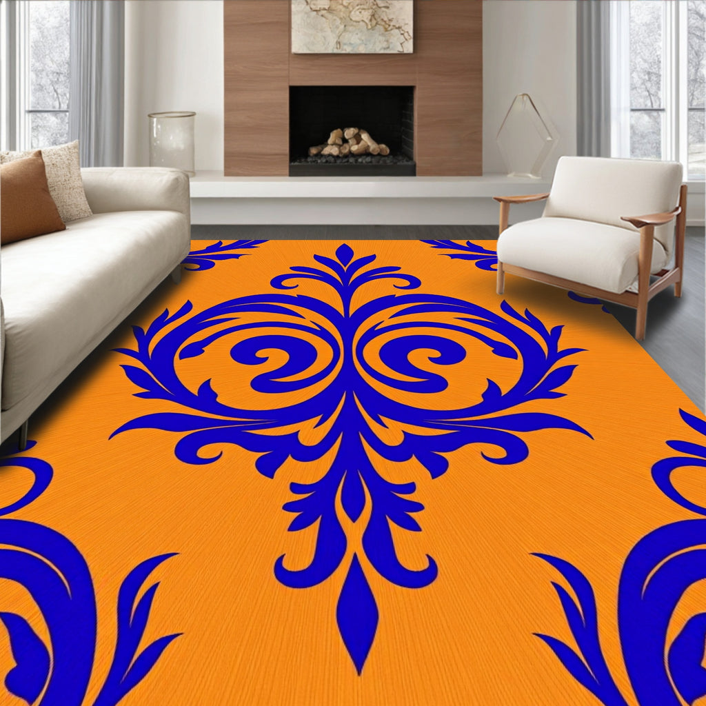 Royal Blue Damask Orange Background Rug