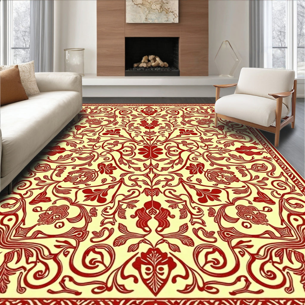 Crimson Floral Vine Mandala Rug