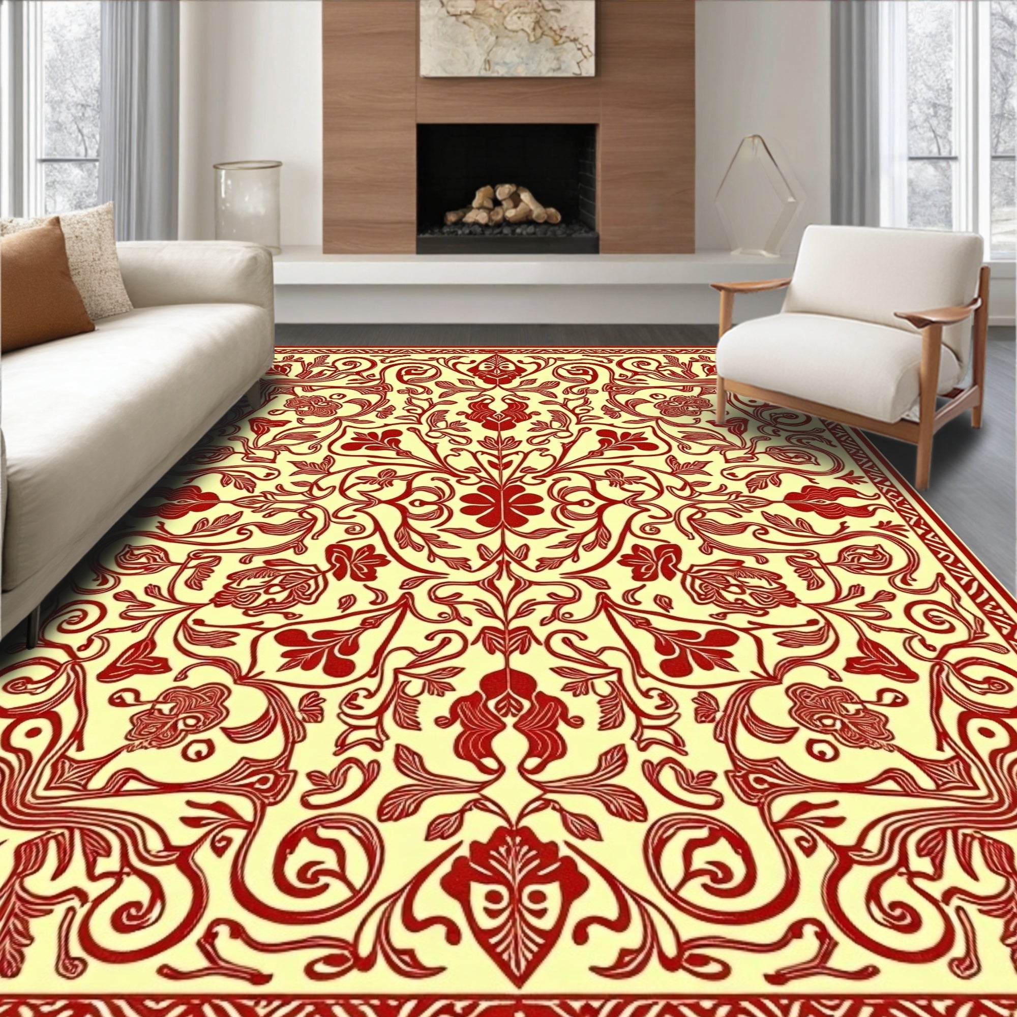 Crimson Floral Vine Mandala Rug