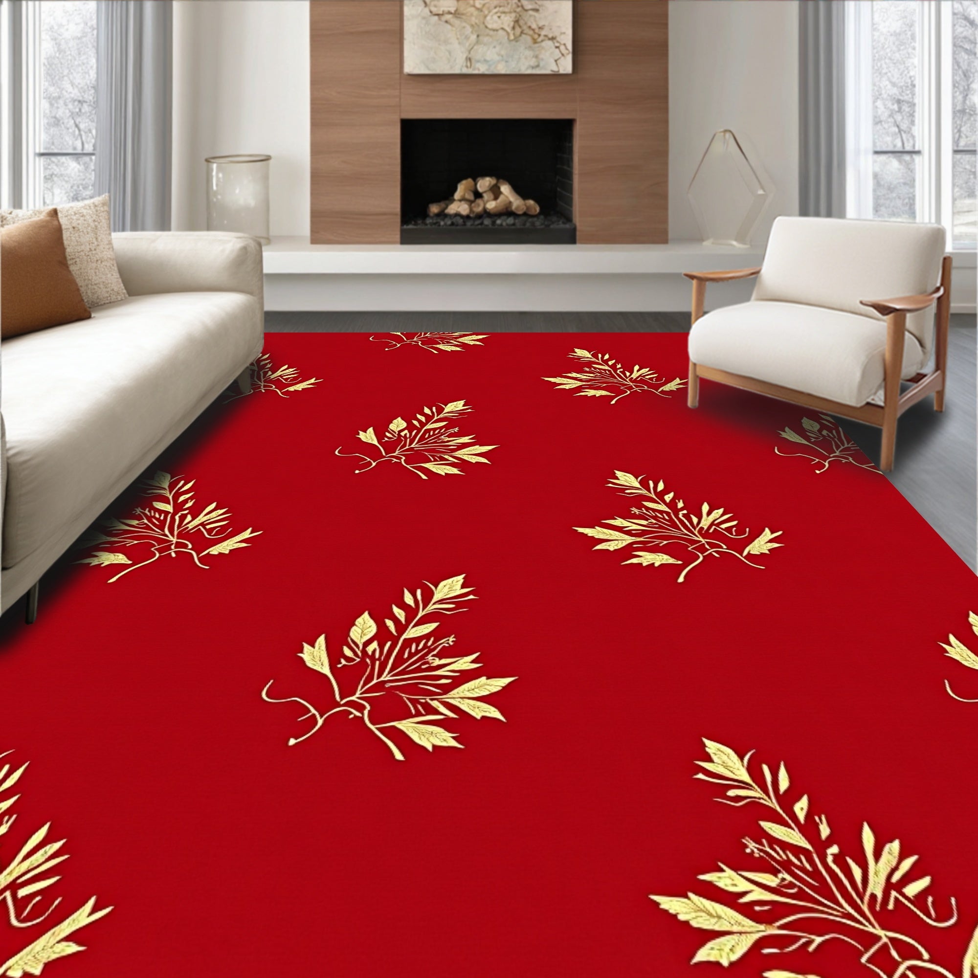 Golden Leaf Scatter on Crimson Rug