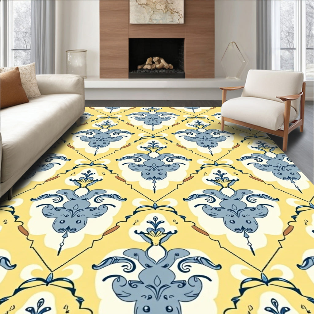 Yellow and Blue Damask Scroll Rug