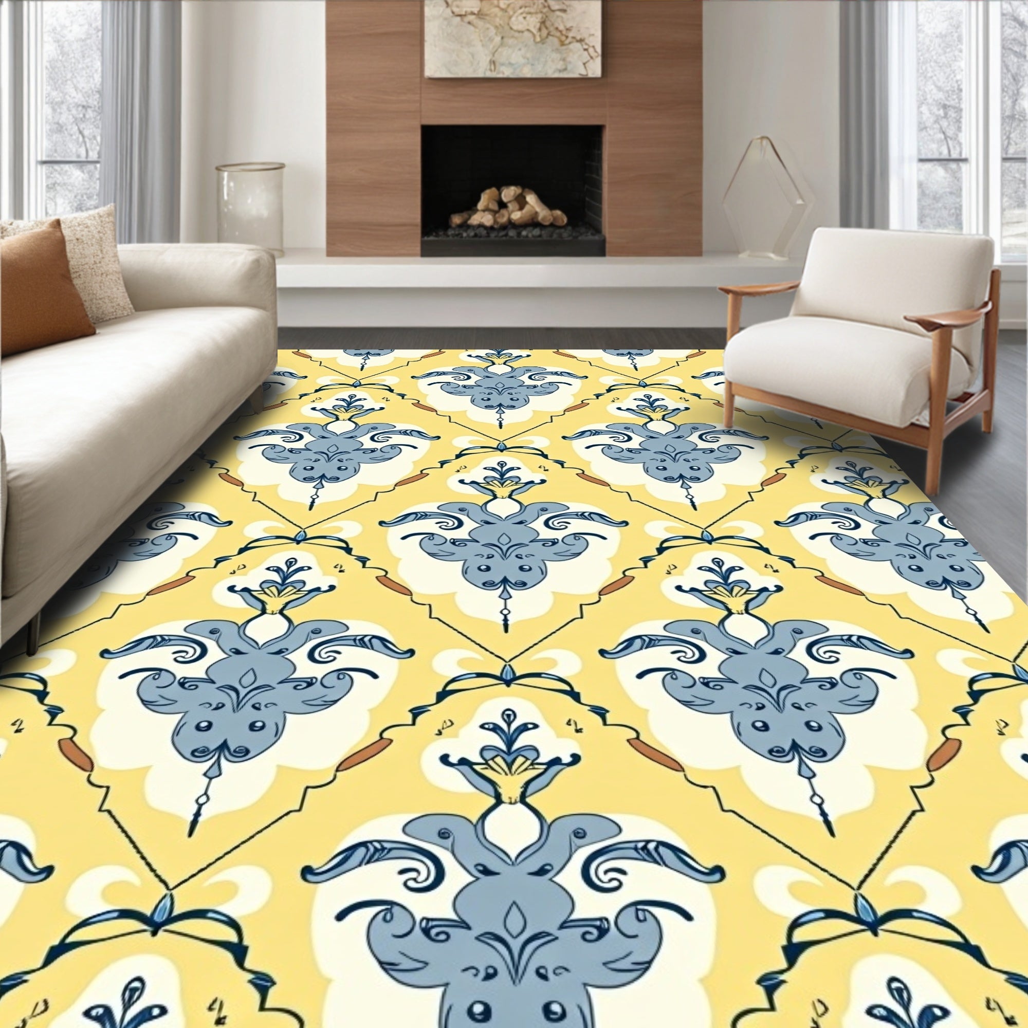 Yellow and Blue Damask Scroll Rug