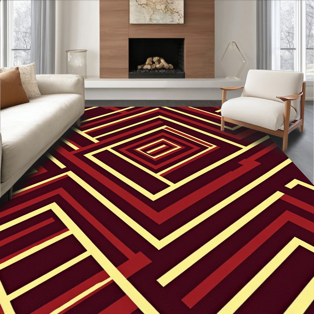 Crimson Yellow Geometric Maze Rug