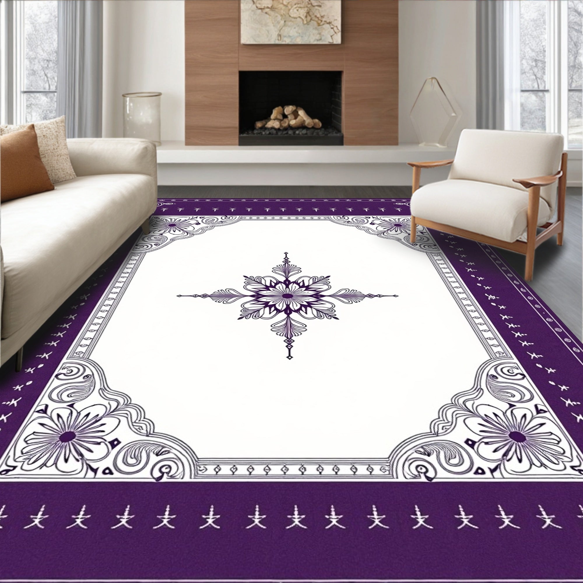 Deep Purple Floral Medallion Frame Rug