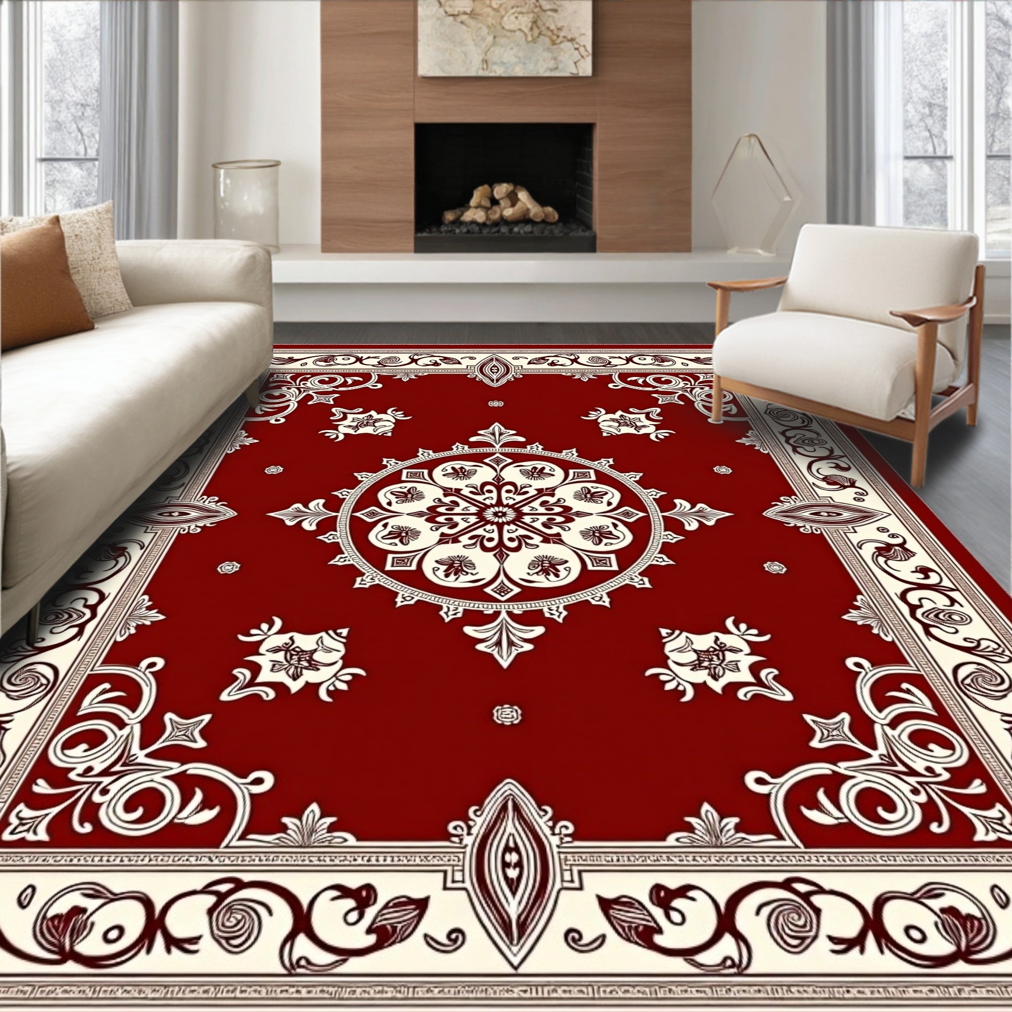 Crimson Ivory Floral Medallion Border Rug