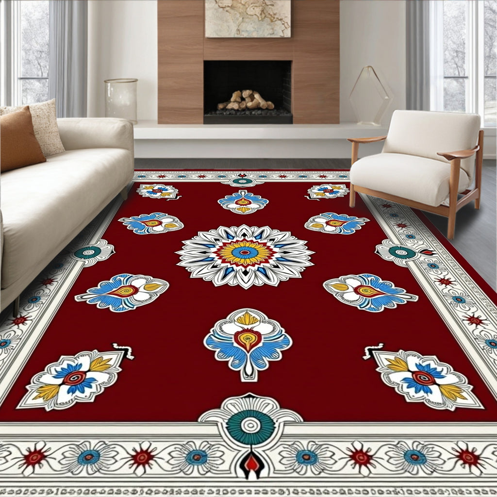 Crimson White Blue Floral Medallion Rug