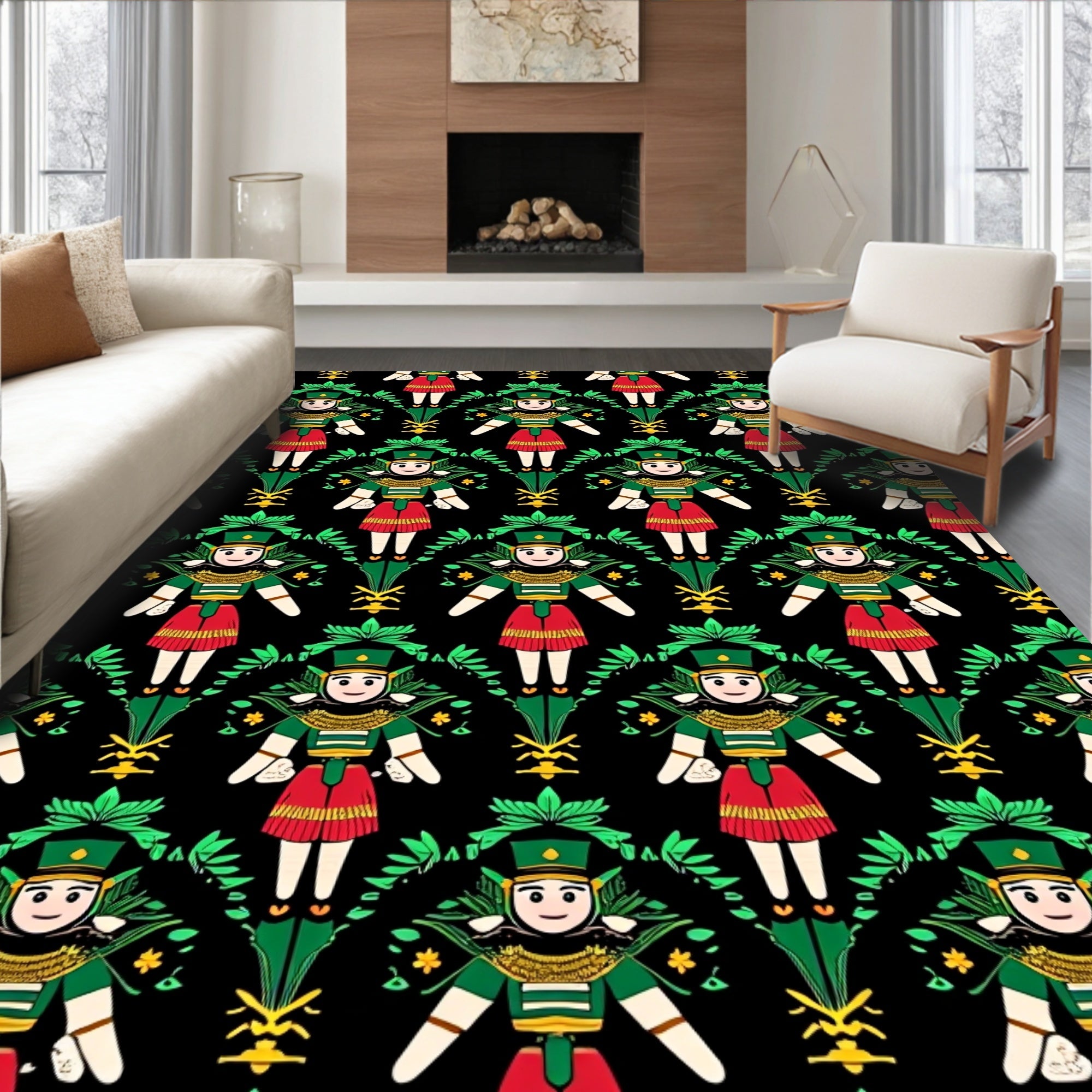 Folk Art Figure Emerald Green Red Rug