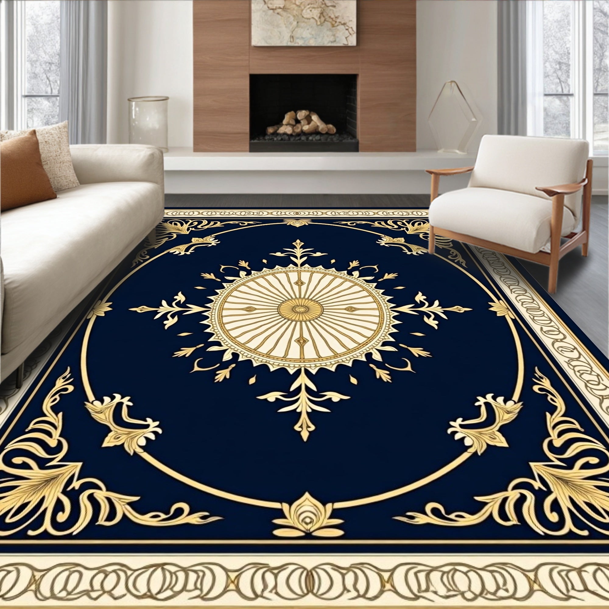 Navy Gold Medallion Scroll Border Rug