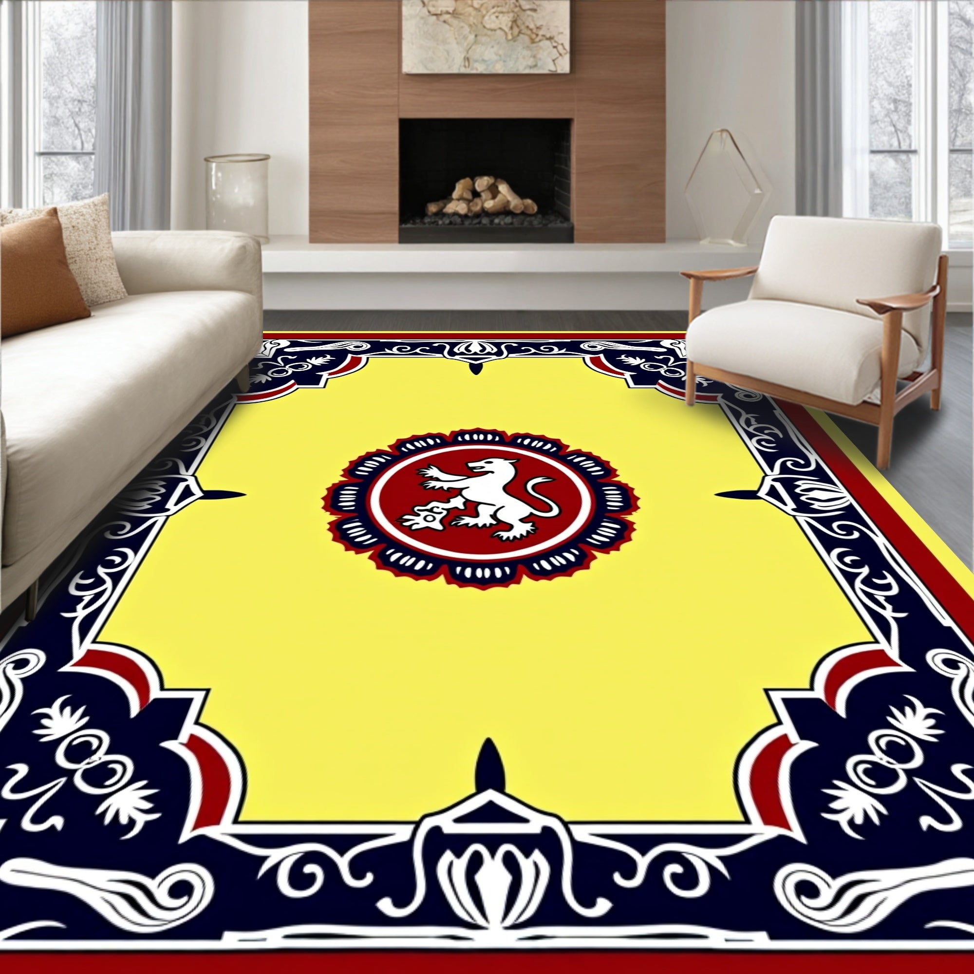 Yellow Lion Medallion Border Rug
