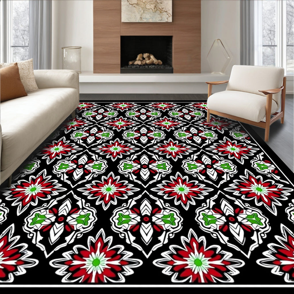Rich Red Green Floral Kaleidoscopic Abstraction Rug