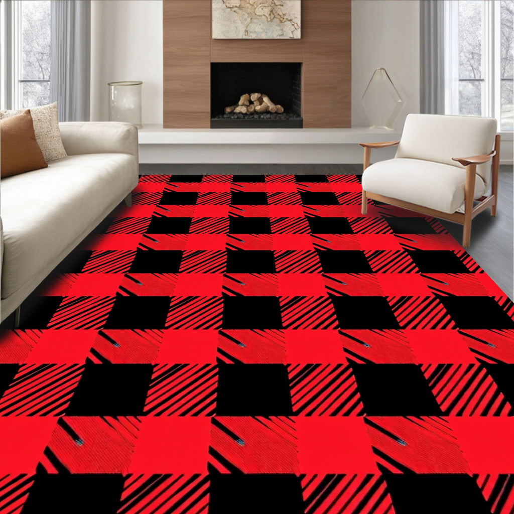 Bold Red Black Checked Lined Blanket Rug