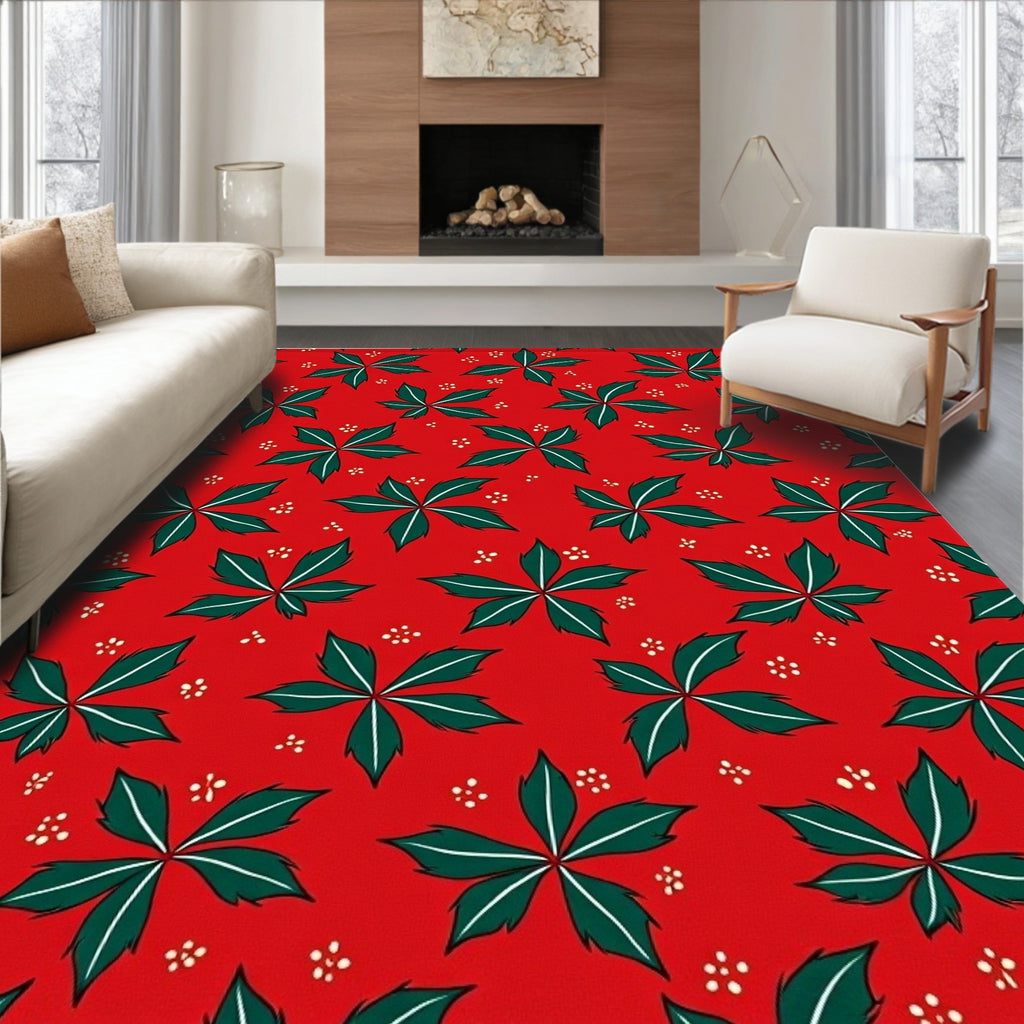 Festive Red Green Leafy Garlands Rug