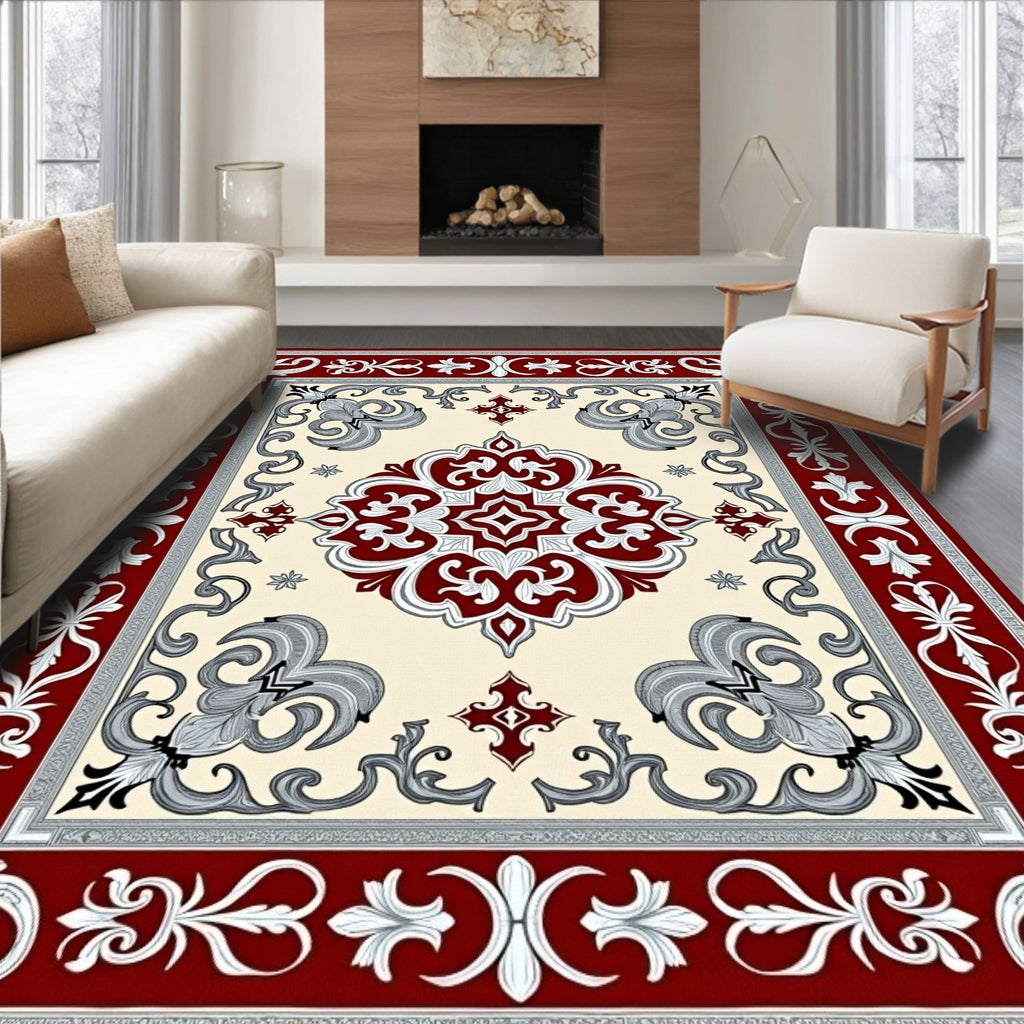 Crimson Ivory Floral Medallion Border Rug