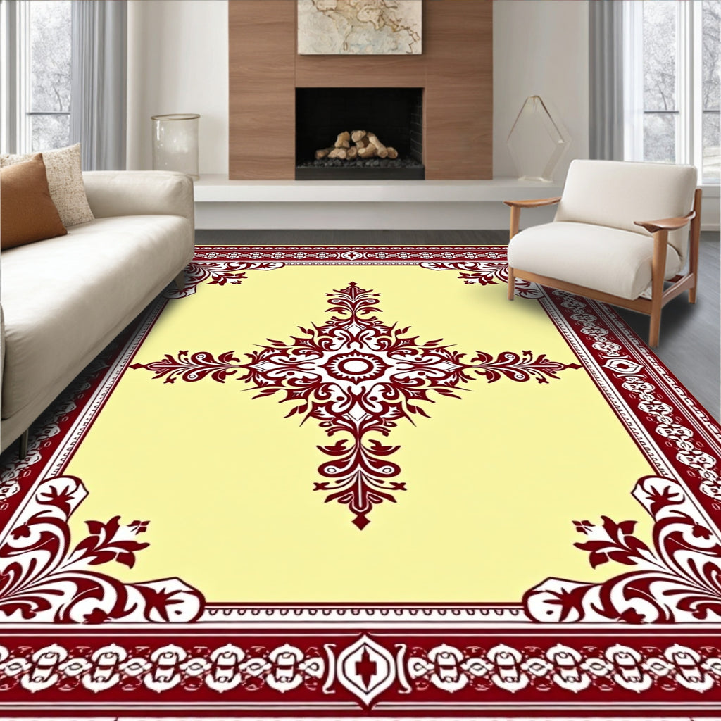 Maroon Floral Medallion Cream Rug
