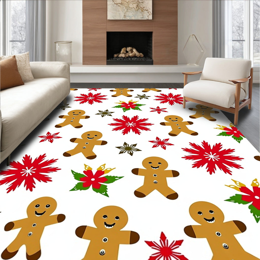 Gingerbread Man Red Poinsettia Snowflakes Rug