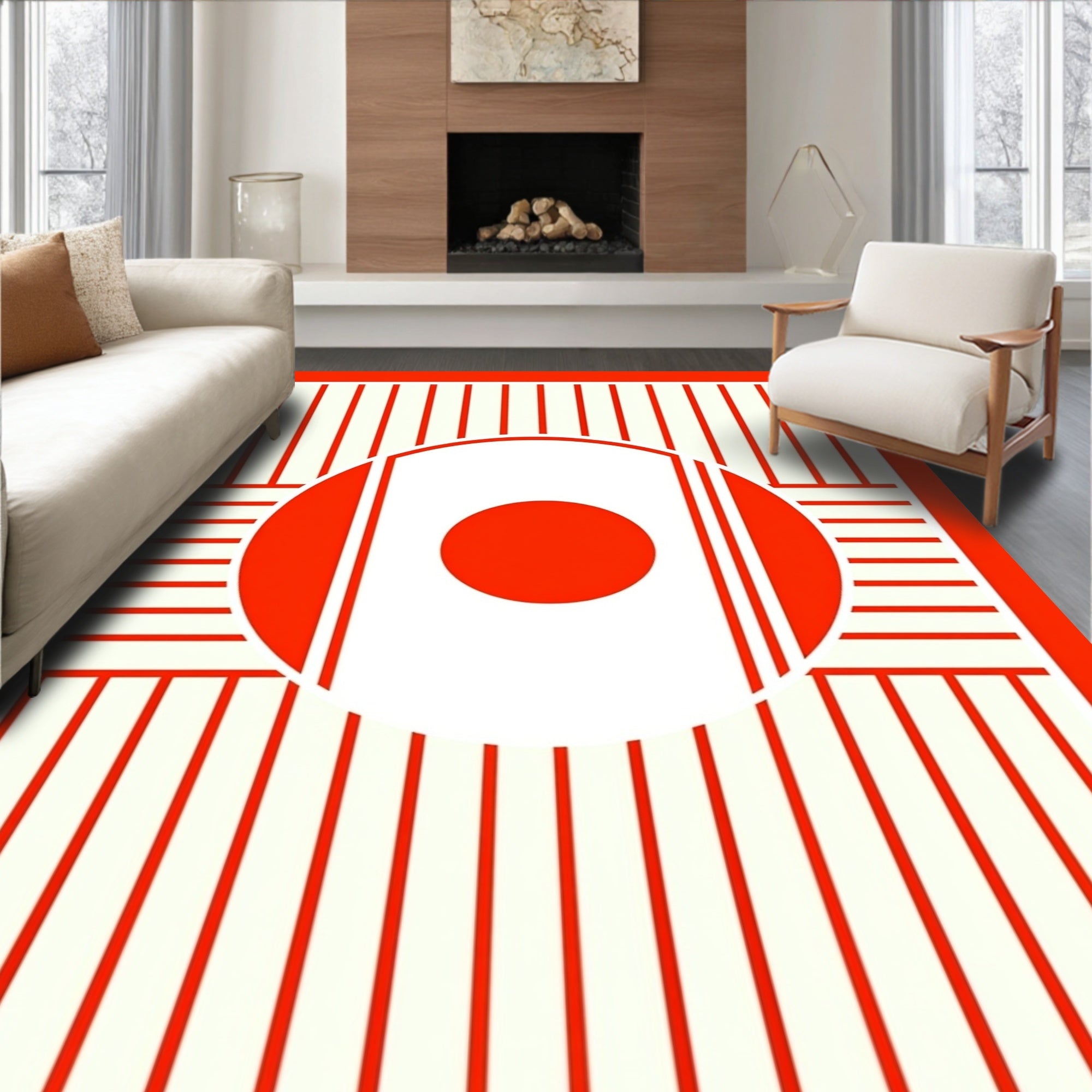 Bold Red Stripe Circle Accent Rug